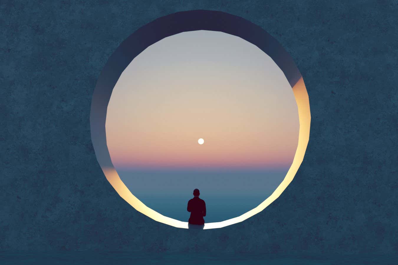 Digitally generated image of man looking at the sunset in the horizon through a big round open window in a wall.