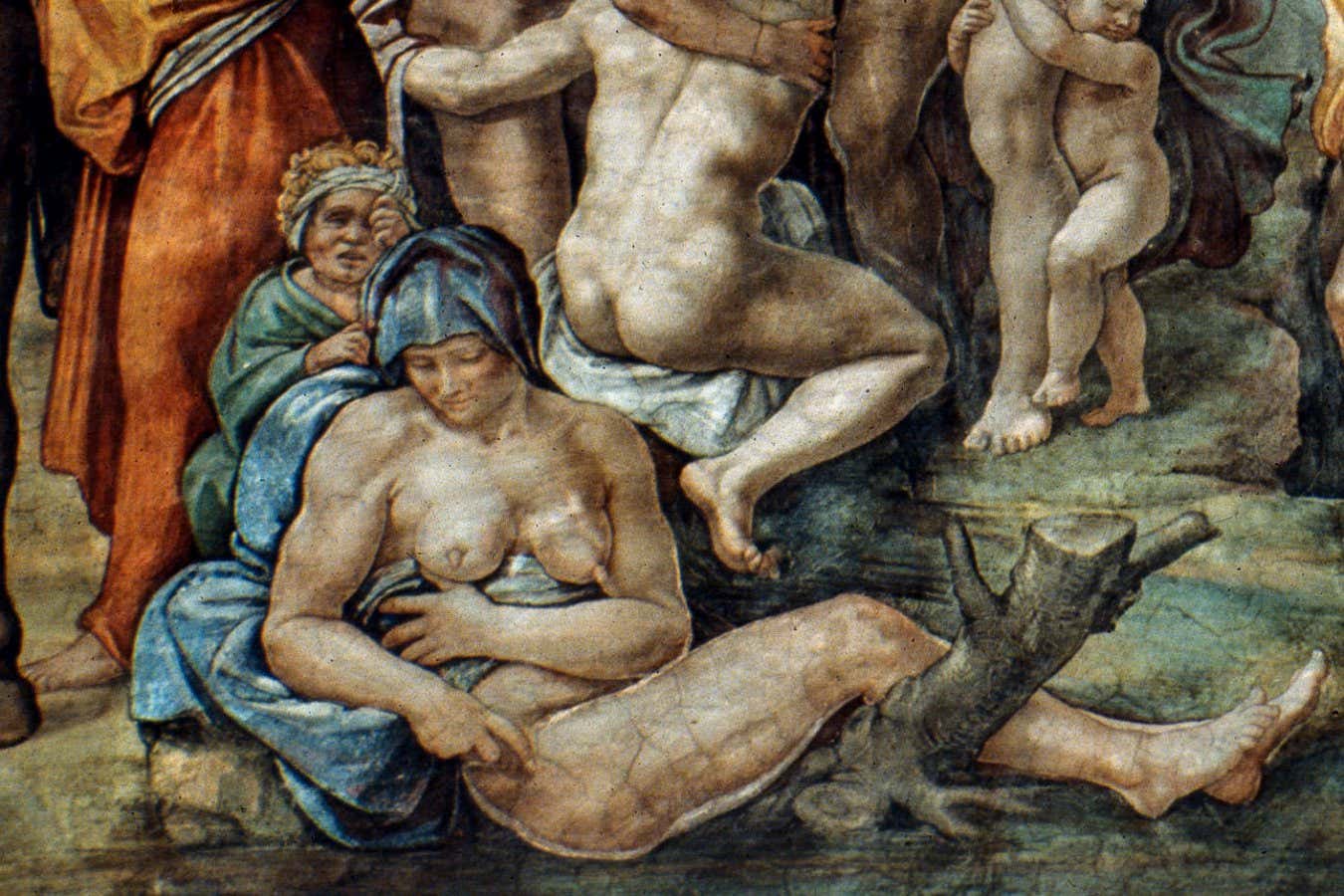 A section of Michelangelo's 'The Flood' depicting a woman with suspected breast cancer